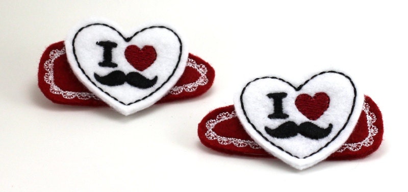 I Love Mustache Heart Felt Snap Barrette Hair Clips