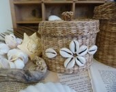 wicker basket with cowrie sea shell decoration pacific island style beach home decor storage