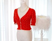 VINTAGE Romantic Polka Dots Princess Shoulder Red cropped cardigan jacket Japan Gal
