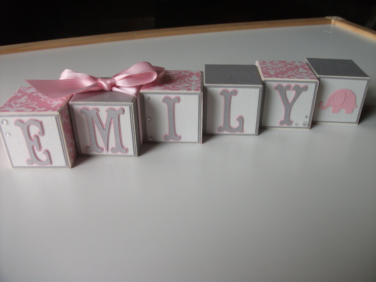Wooden Name Blocks -  Baby Name Blocks - Pink Damask and Gray