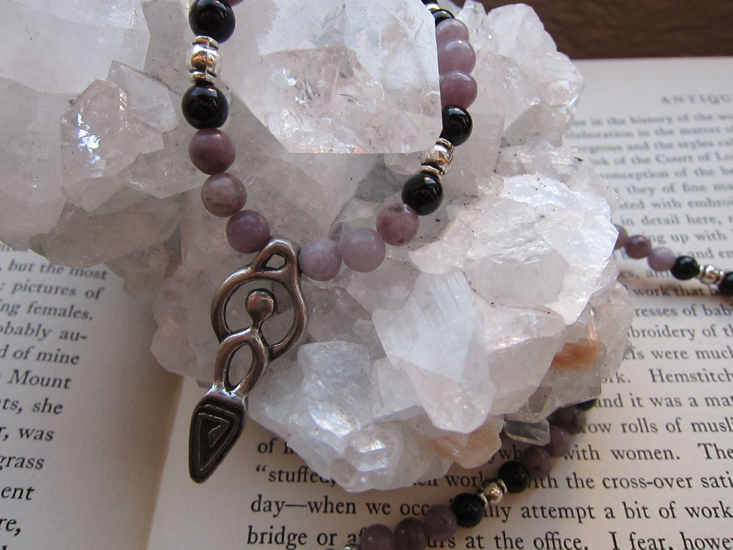 Triangle Goddess Rosary Necklace with beads of Lilac Stone and Obsidian