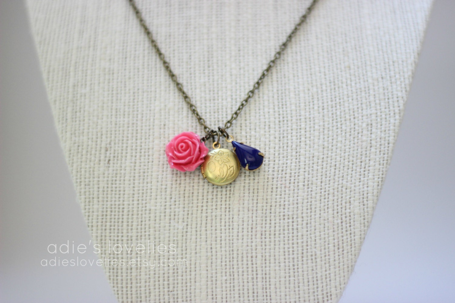 Vintage Locket & Stone with Rose Cabochon Necklace - Antique Brass - 24" - Hot Pink/Navy Blue