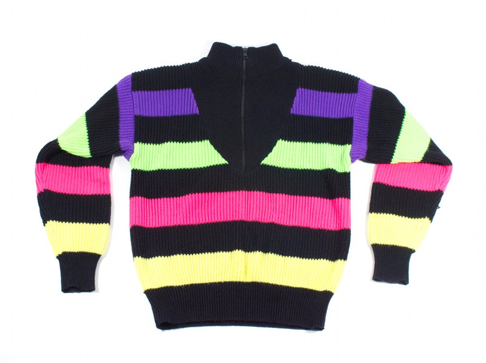 VTG Neon Striped Sweater Nu Rave Bright Colorful Zipper Turtleneck 90s