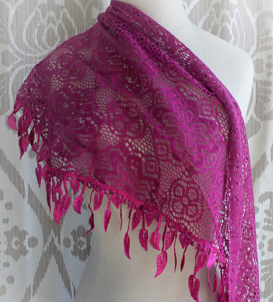 PASSION soft lace shawl in magenta, lace wrap, long lace triangle scarf with embroidered leaf trim