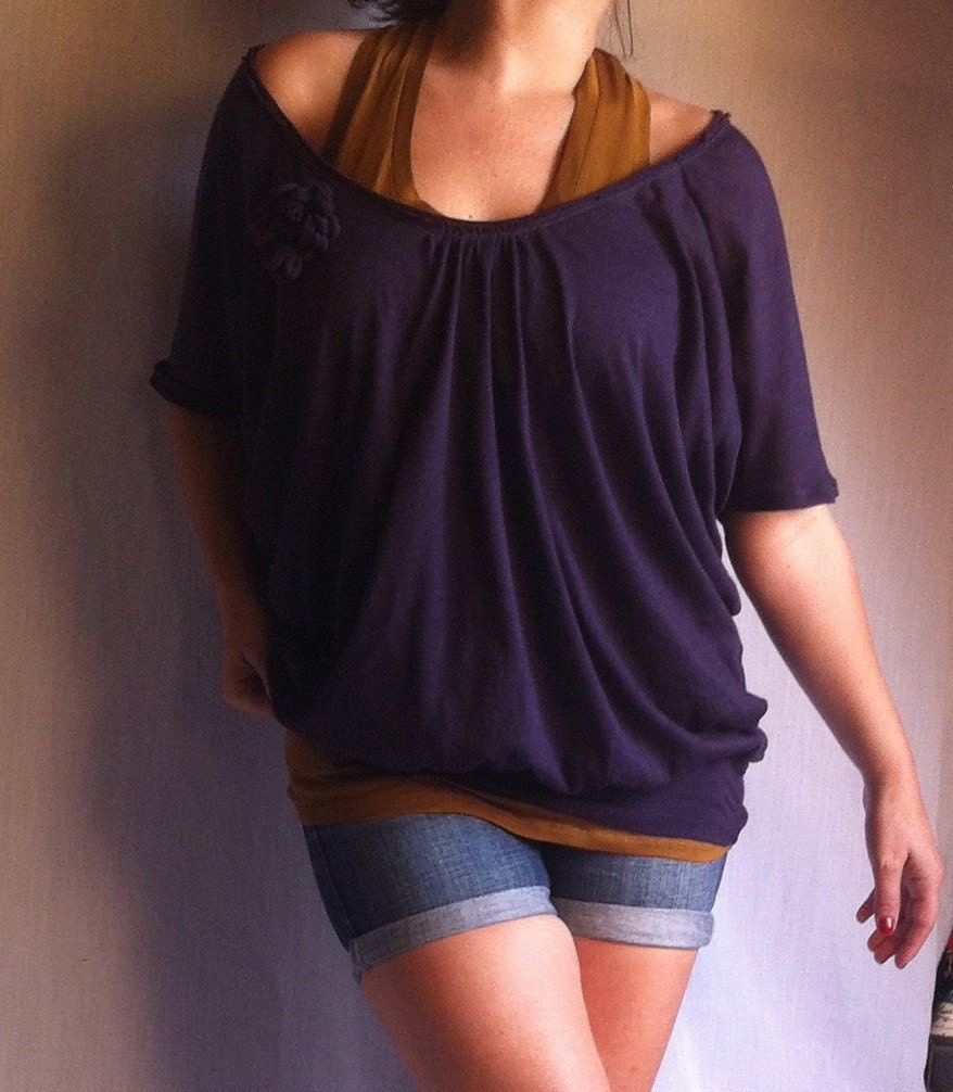 Wide Off Shoulder Blouse Soft Jersey Cotton Decorate Flower