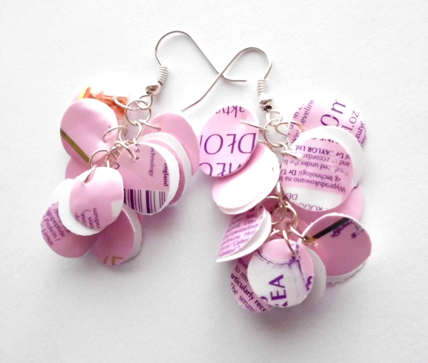 Pink upcycled earrings eco friendly made of recycled plastic bottle, upcycled jewelry, pastel, cream, soft
