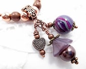Purple Beaded Necklace Beaded Jewelry Handmade Upcycled Retro Vintage Fleur de lis Copper Heart Charm