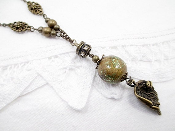 Brass Lariat Necklace Handmade Beaded Jewelry Upcycled Victorian Bohemian Boho Rustic Leaf Ladybug Charm Nature Clay Bead Necklace