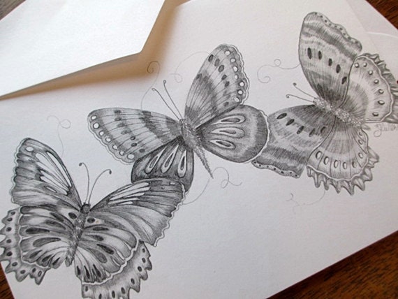 Fine Art Blank Greeting Cards Stationery Spring Springtime Thank You Thinking of You Black White Note Cards Butterfly Print Pencil Drawings