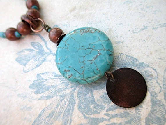 Turquoise Lariat Blue Beaded Necklace Beaded Jewelry Recycled Handmade Beach Woodland Copper Seed Bead Necklace
