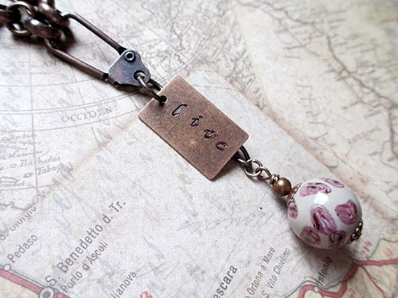 Live Stamped Metal Necklace Beaded Jewelry Inspirational Lariat Necklace Handmade Rustic Woodland Copper Red Bead Personalized