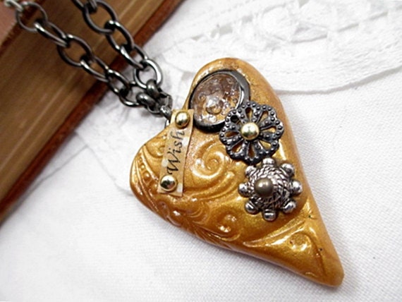 Heart Pendant Necklace Beaded Jewelry Handmade Upcycled Wish Steampunk Stamped Polymer Clay Victorian Boho Gold Gun Metal Vintage Button