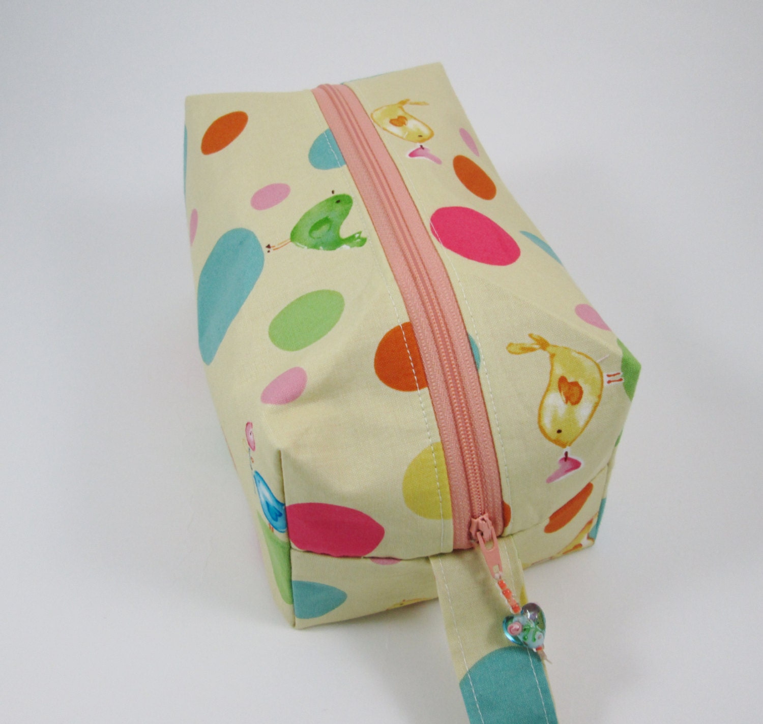 Small Zippered Project Bag - Joyful Birds with glass foil heart bead zipper pull