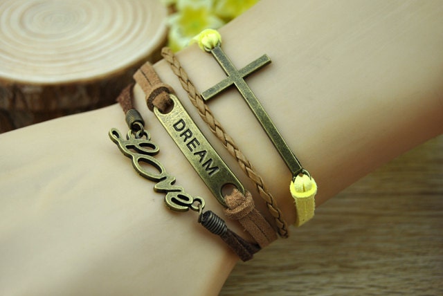 Charm bracelet,bronze love cross DREAM,brown & yellow bracelet,beautiful handmade cuff bracelet.  BR348