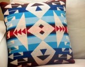 Contemporary throw pillow, Pendleton fabric in primitive chevron and arrow patterns, teal, brown, cream 18 x 18