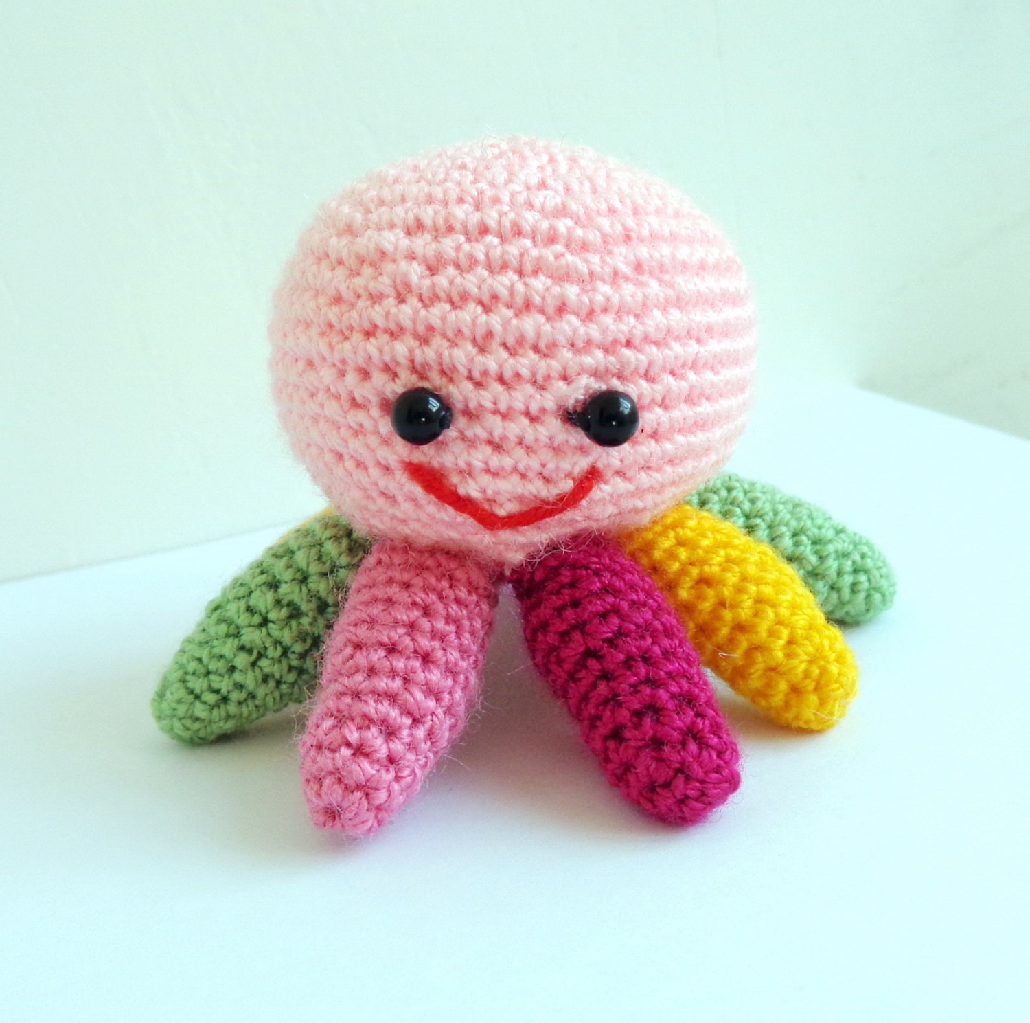 Pink Octopus toy with colorful tentacles with beady eyes Squidgy from Mice & Men - Rainbow squidgy