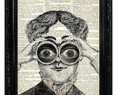 Dictionary Page Steampunk Art Mixed Media Print Bug-Eyed Lady Book Page Art Print