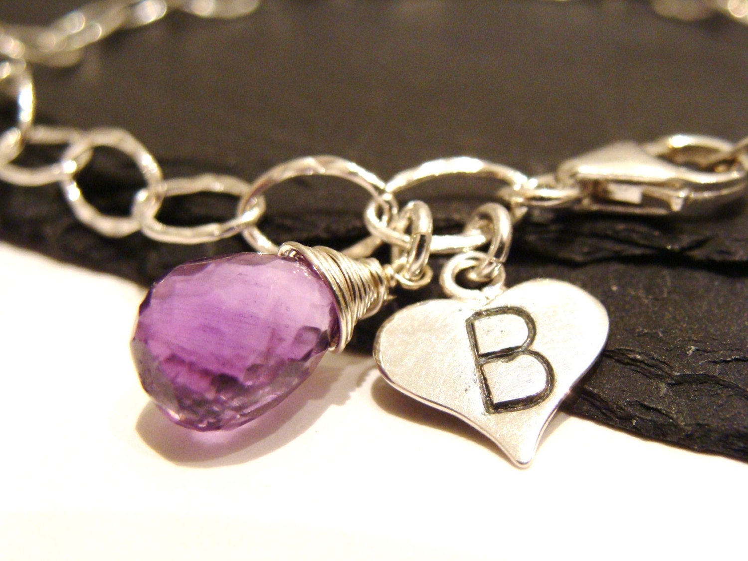Personalized Heart Charm Bracelet,Sterling Silver Custom Letter Charm,Amethyst Briolette Bracelet,Stamped Initial Heart,February Birthstone