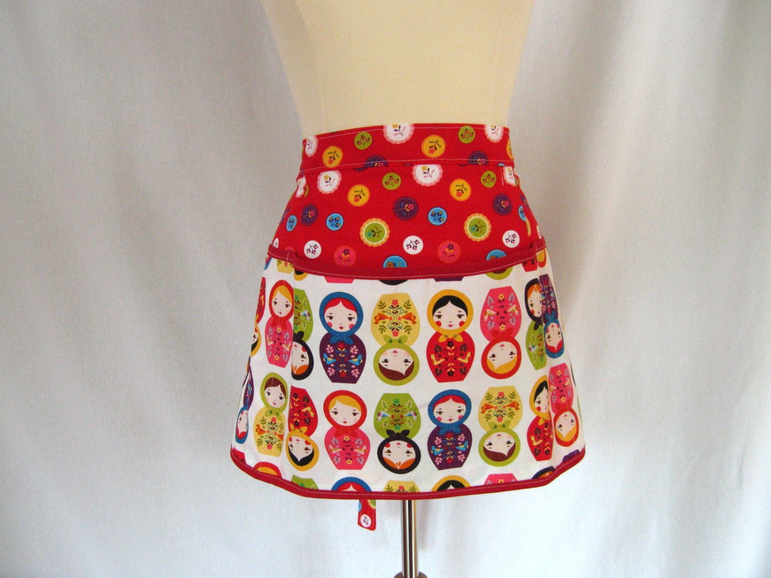 Red Stacking Matryoshka Doll Waitress Vendor Utility Craft Apron with Zippered Pocket - Kaufman Little Kulka Fabric