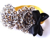 Leopard Headband- Leopard Shabby Flower with Black Bow Headband- Newborn, Infant, Toddler, Child, Teenager or Adult
