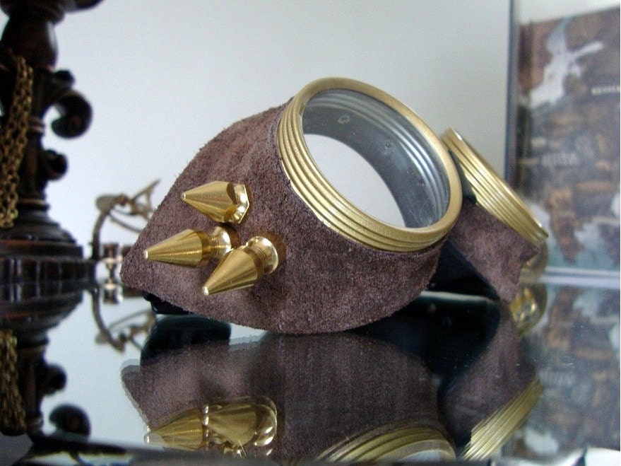 Suede side of dark brown leather goggles brass wing spikes  Steampunk Goggles Air Pirate Eyewear  Burning Steampunk man