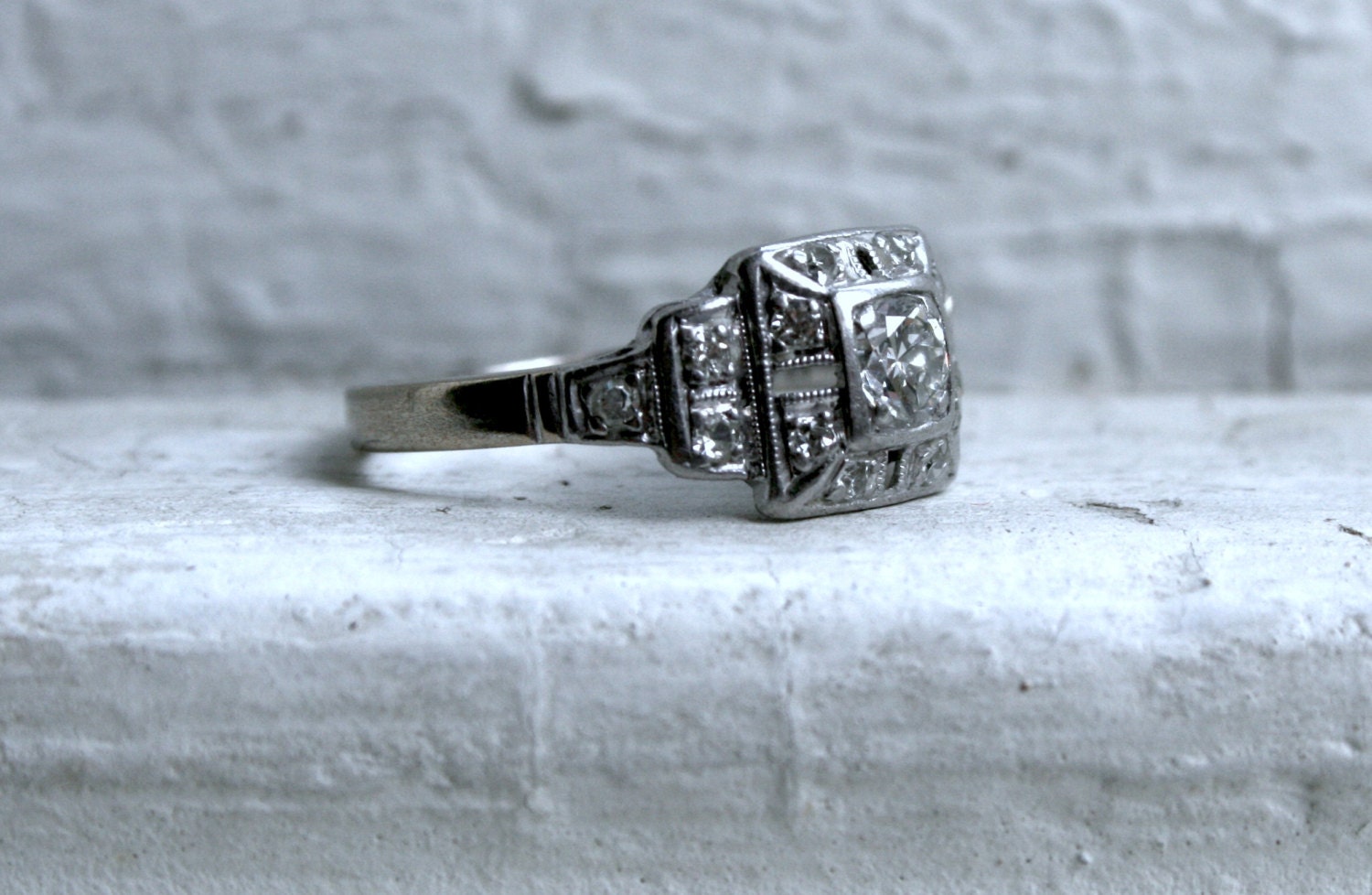 RESERVED - Beautiful Vintage Art Deco 14K White Gold Diamond Engagement Ring - 0.61ct.