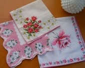 Three Vintage Pink and White Handkerchiefs, Hankies