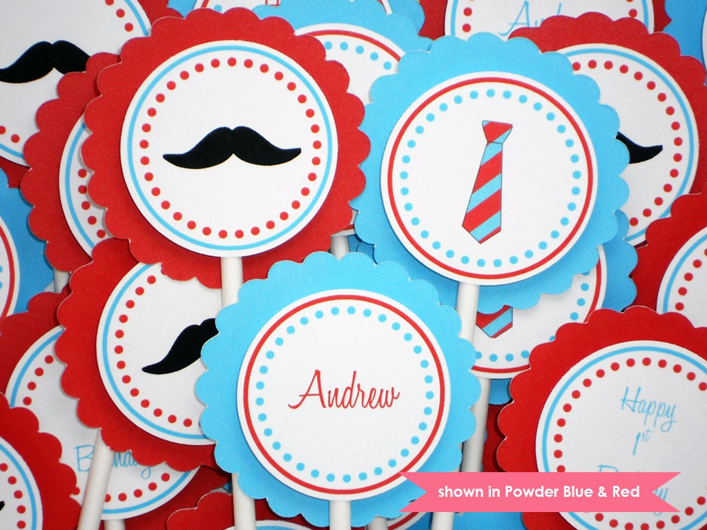 Mustache Cupcake Toppers - Personalized Mustache and Tie Party Decoration - Colors Customizable Il_570xn