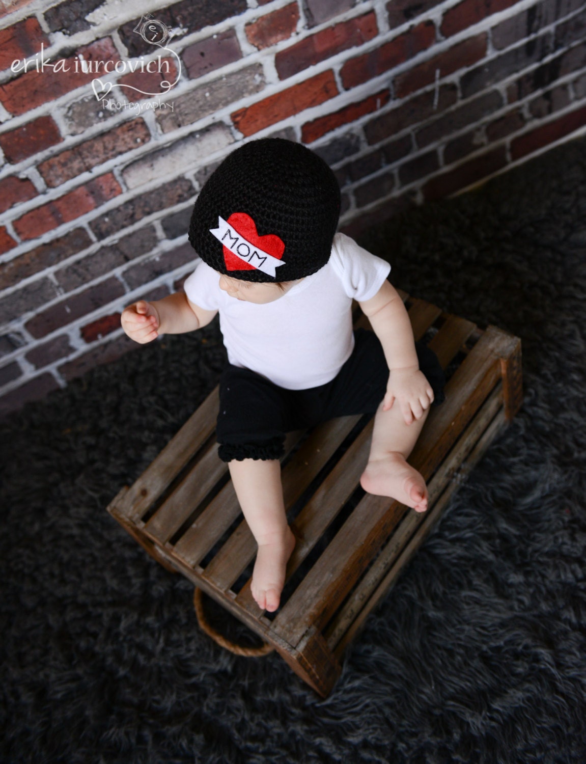 Mom tatoo hat, black beanie with red heart, valentine's day, newborn, baby hat, photo prop