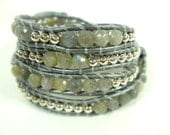 Labradorite Leather Wrap Bracelet by Wrapology - labradorite gemstones, silver, grey metallic leather, chan luu style, ready to ship