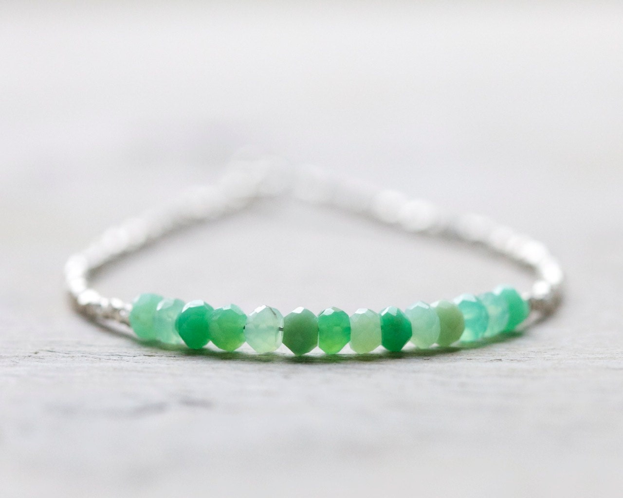 Chrysoprase delicate bracelet with fine silver beads and green gemstones