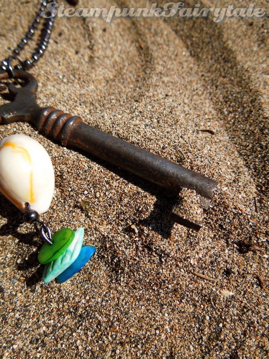Mermaid Key Necklace - Blue Green Beach Ocean Summer Sea Shell Summer Puka Seaglass Fantasy