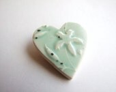 Mint green heart brooch ceramic flowers foliage pastel greyed jade Spring Summer fashion