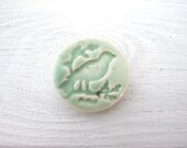 Bird brooch ceramic mint glaze Spring time  Chaffinch pastel green greyed jade