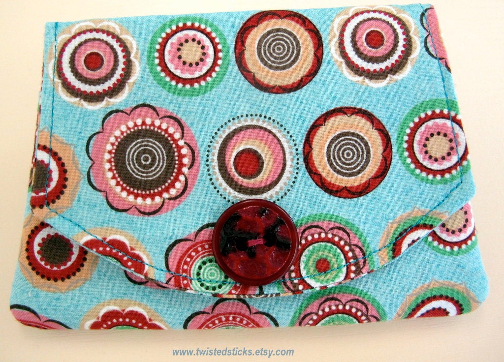 Teal Credit Card Wallet, Teal Flowered Business Card Wallet, Cotton Wallet