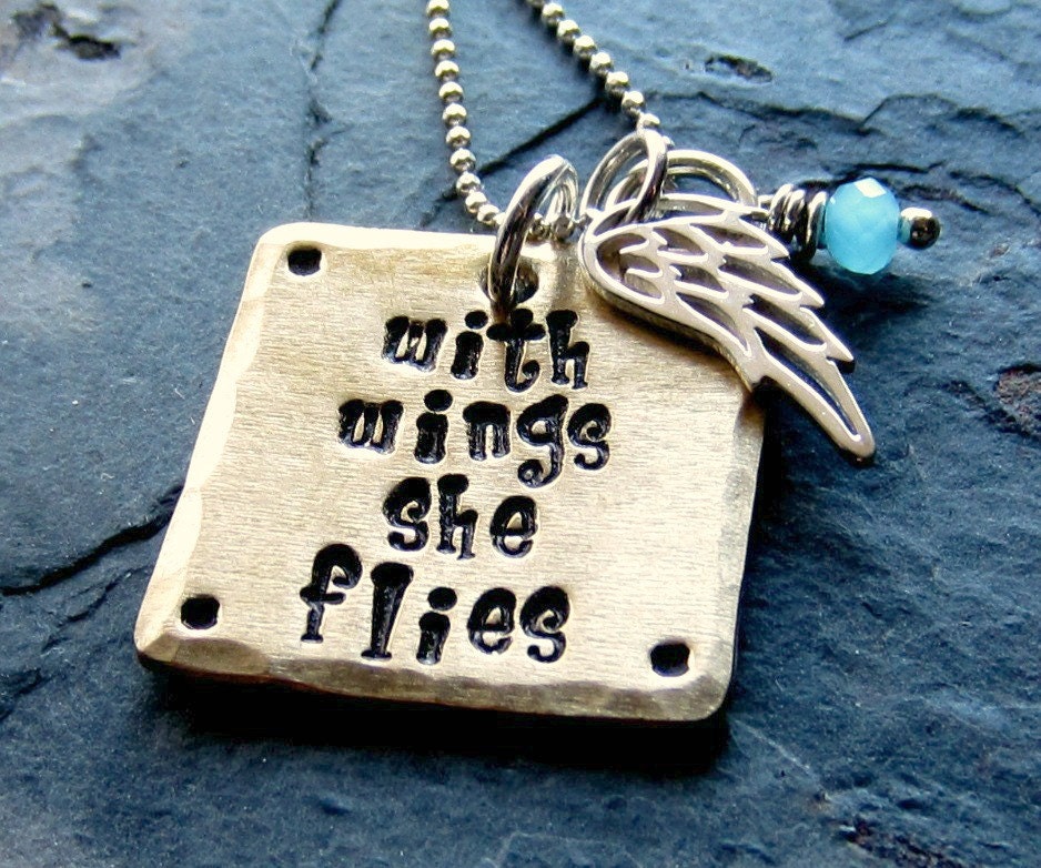 Mothers Day Gift-Hand Stamped Quote Charm Necklace-Sterling and Nugold Inspirational Necklace-With Wings She Flies