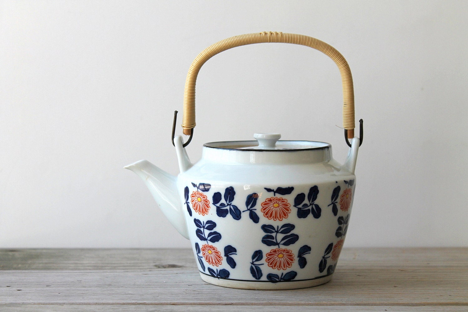 Vintage Japanese tea pot / retro home decor / orange flowers / cobalt blue / mid century modern style / retro style / white / retro kitchen
