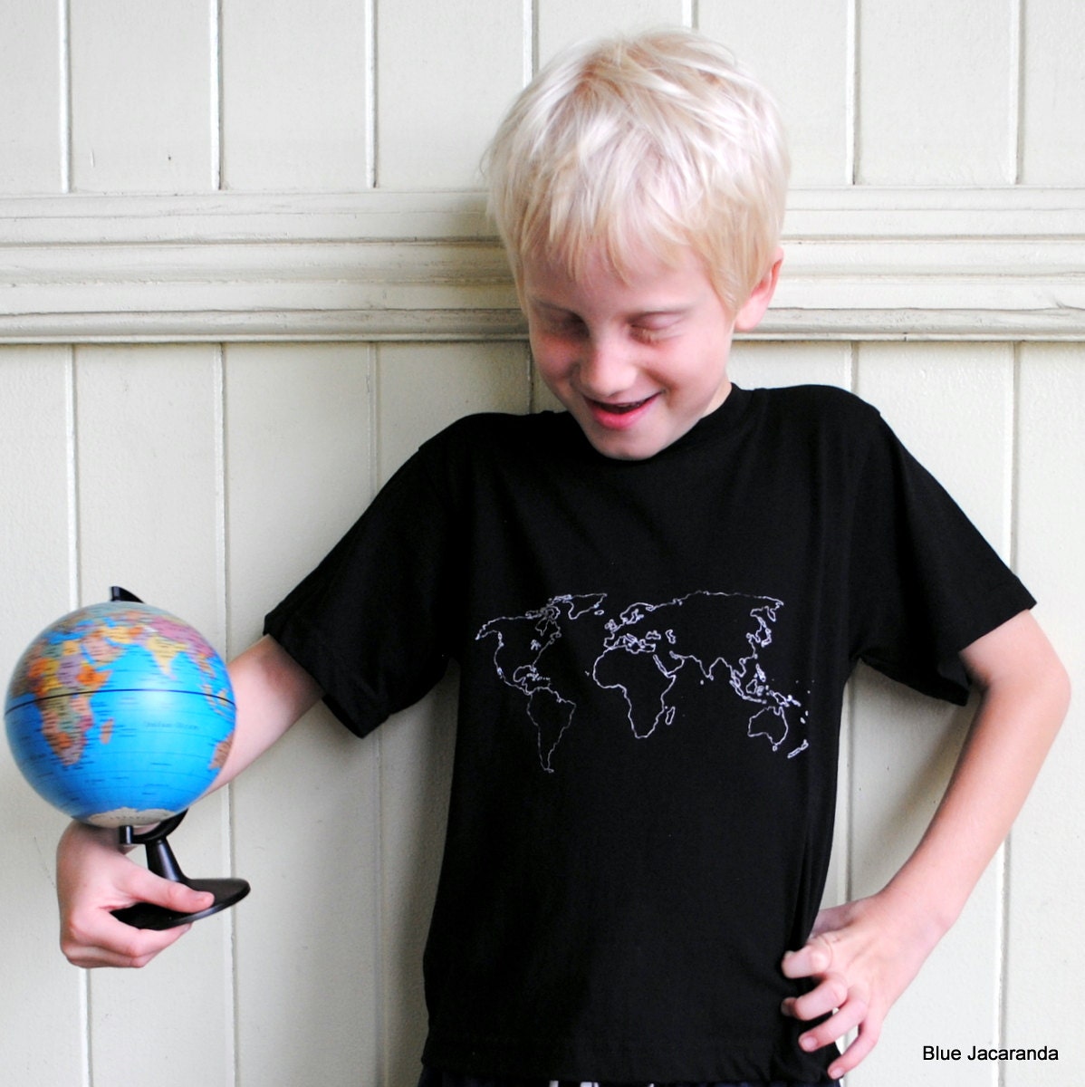 World Map Tshirt - Screenprint White on Black - 3 to 5 years
