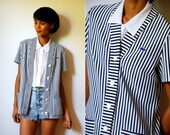 Vtg Retro Lacoste Navy Striped Button Down Knitted Blouse