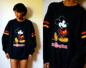 Vtg Mickey Mouse Retro Striped Black Yellow Red Sweatshirt