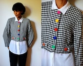 Vtg Cropped B&W Checkered Colorful Button Down Blazer