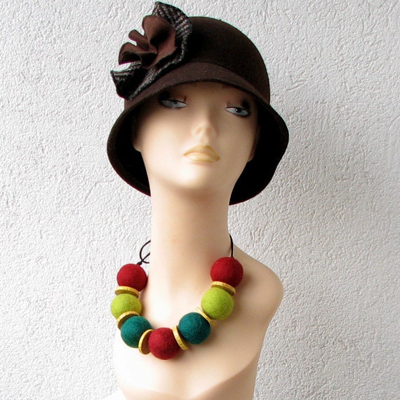 Green and Burgundy Felt Necklace