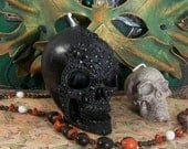 Small BLACK Beaded Pearl Beeswax Skull Candle