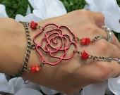 Rose Slave Bracelet, Red, Filigree Rose, Bracelet Ring, Red rose, Red Coral Beads in natural form, Custom Sized, or Adjustable, Hand Jewelry