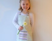 Kid's Montessori Apron, Modern Green Tree Motif, Lavender Stripe, Free US Shipping