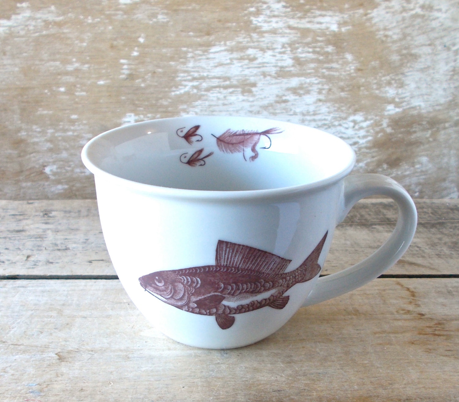 Mug with Fish Hooks and Flies, 14 oz Recycled Mug, Teacup Style Tea Cup, Ready to Ship