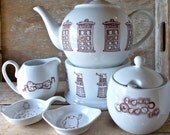 Doctor Who Tea Set with Teapot, Creamer and Sugar Bowl, Tea Strainer and Spoon, Tea Pot Warmer, Ready to Ship
