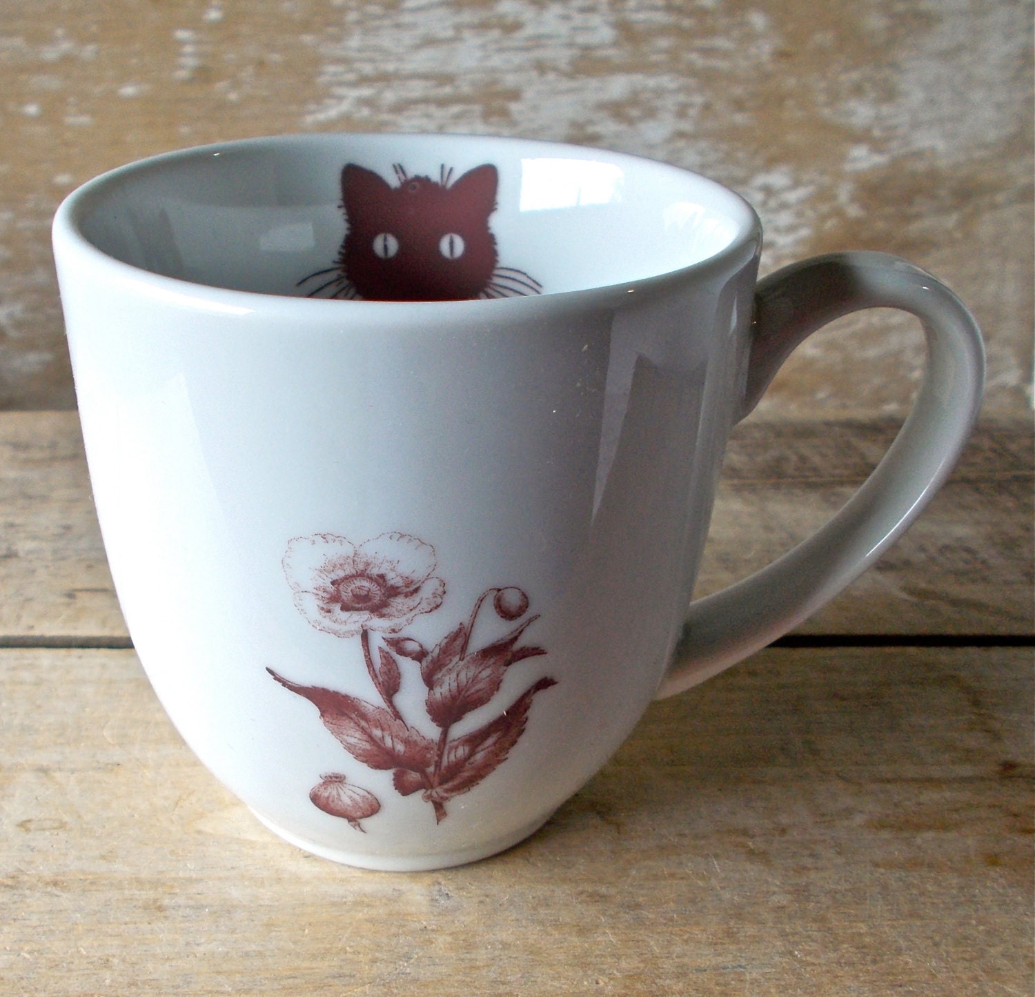 Mug with Peeking Kitty Cat with Flowers, 14 oz Recycled Coffee Cup, Playful Kitten Hot Chocolate Mug, Ready to Ship, Discounted Second