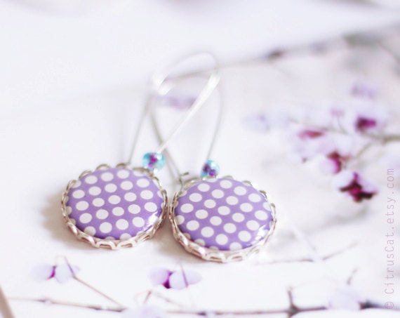SALE - Purple polka dots earrings - lilac earrings - retro jewelry