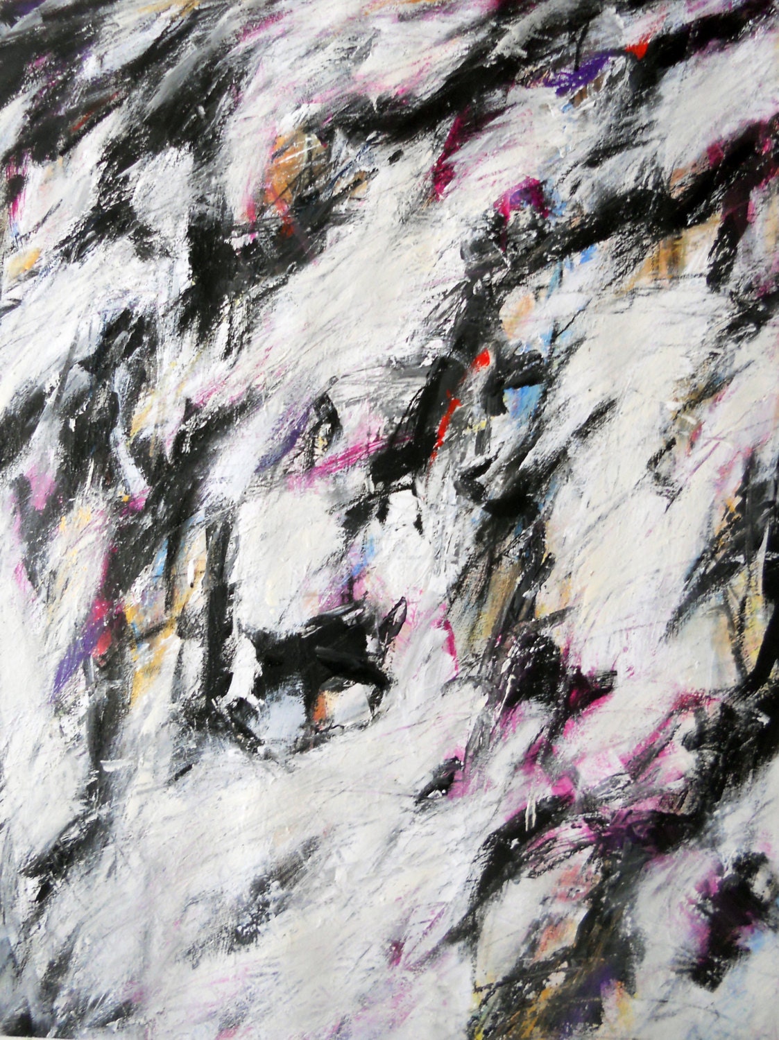 1-6-13 (abstract expressionist painting, black, white, gray, cream, red, magenta)